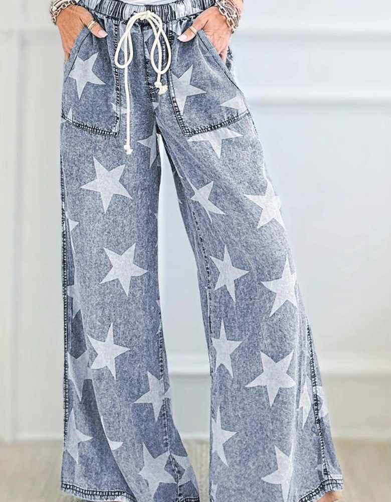 Light Blue Star Print Light Wash Drawstring High Waist Wide Leg Jeans