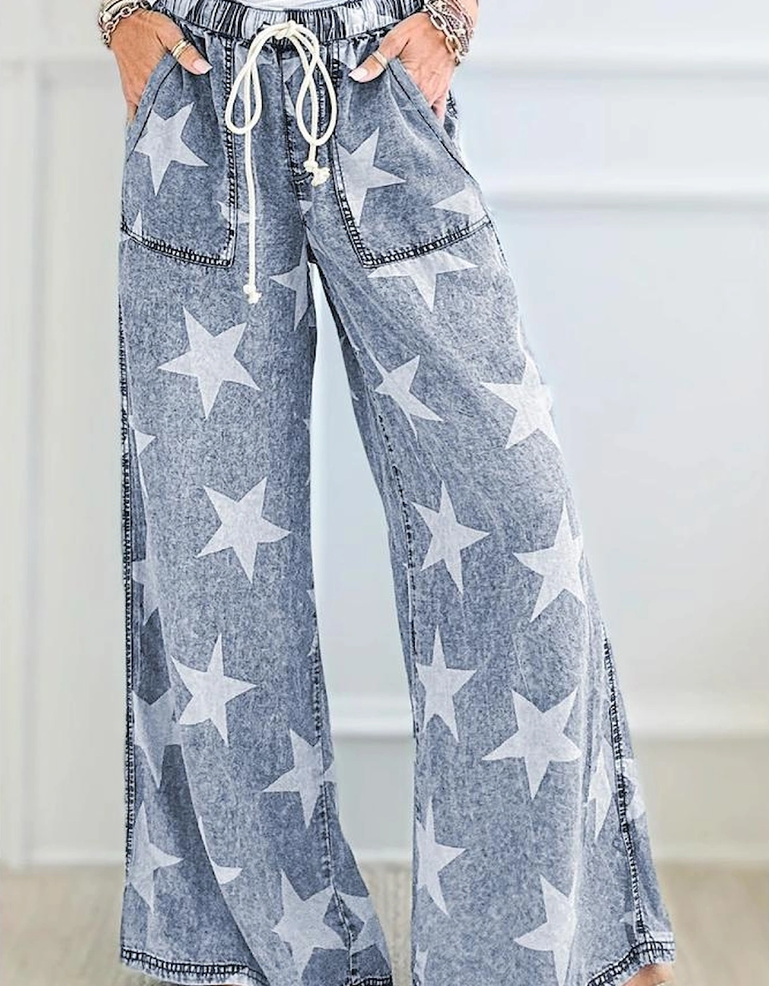 Light Blue Star Print Light Wash Drawstring High Waist Wide Leg Jeans