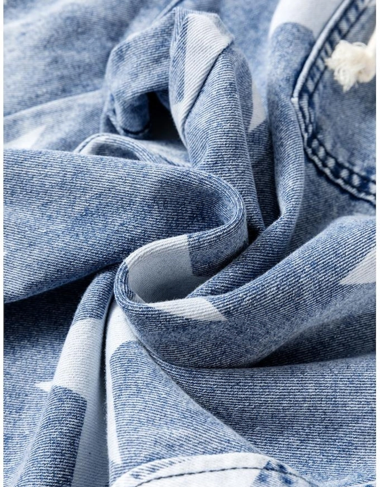 Light Blue Star Print Light Wash Drawstring High Waist Wide Leg Jeans