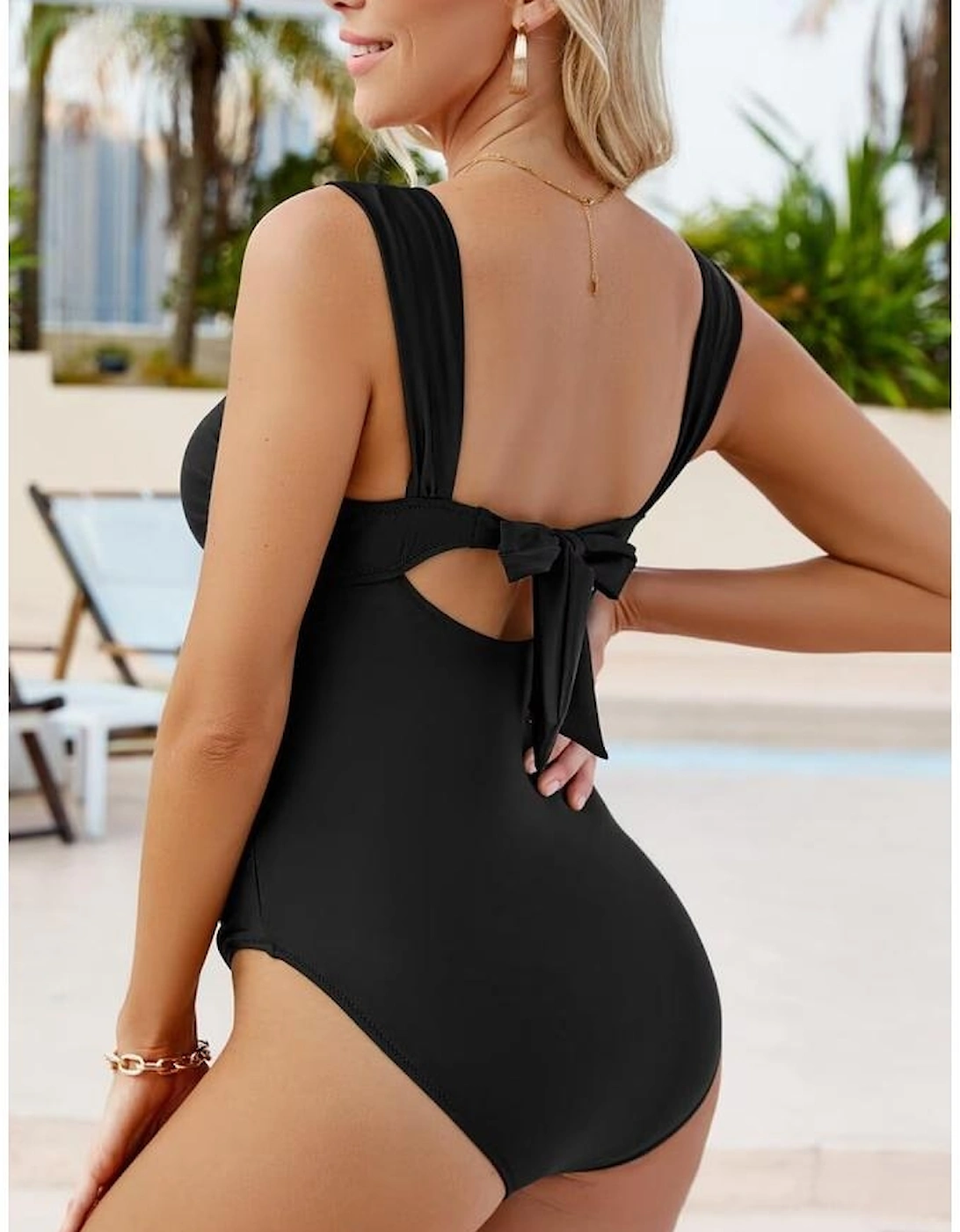 Black Cut out Twist Bowknot Backless One Piece Swimsuit, 5 of 4