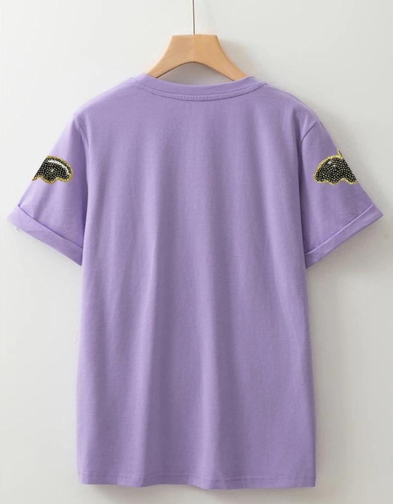 Wisteria Sequin Halloween Bat Patched Casual T Shirt