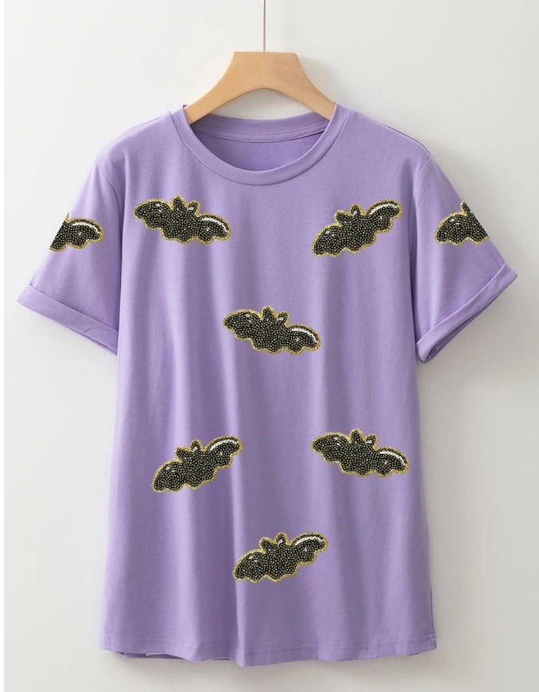 Wisteria Sequin Halloween Bat Patched Casual T Shirt