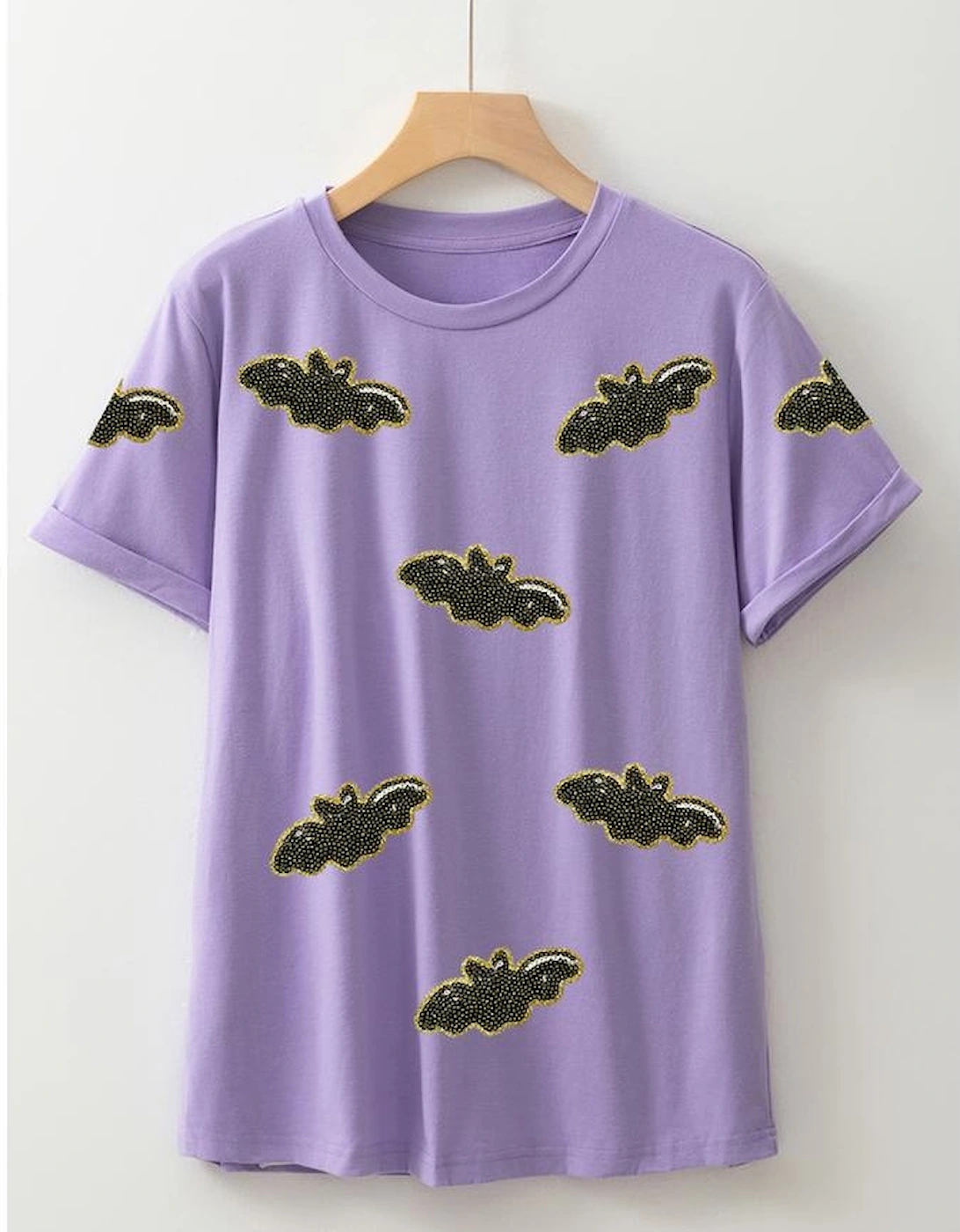 Wisteria Sequin Halloween Bat Patched Casual T Shirt
