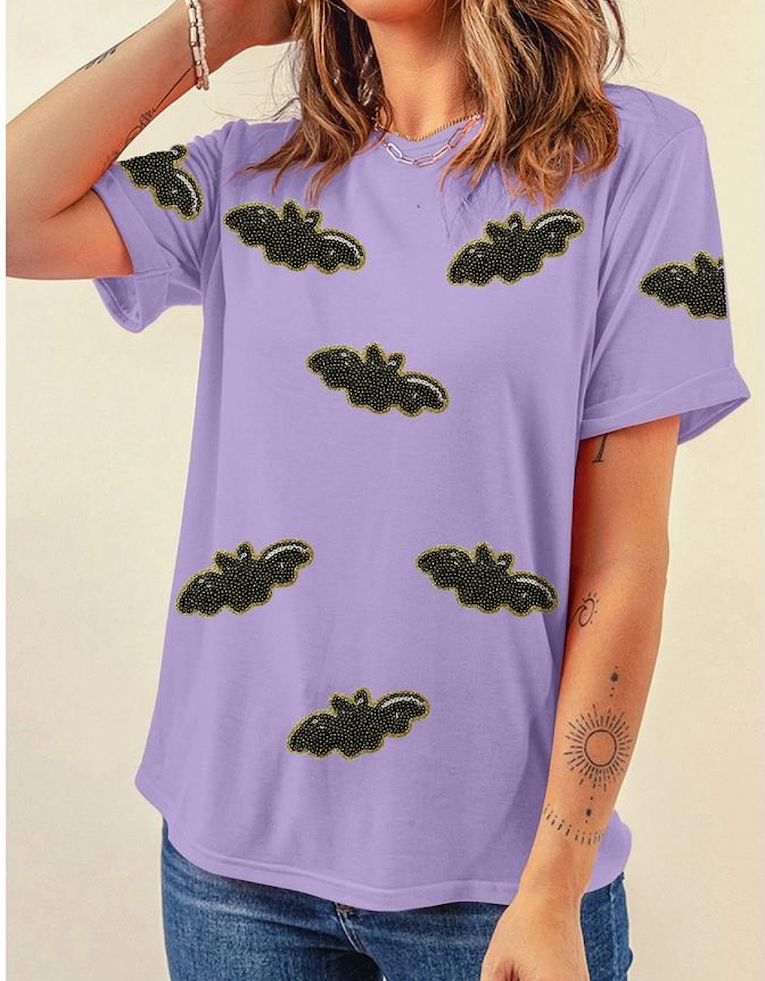 Wisteria Sequin Halloween Bat Patched Casual T Shirt, 7 of 6