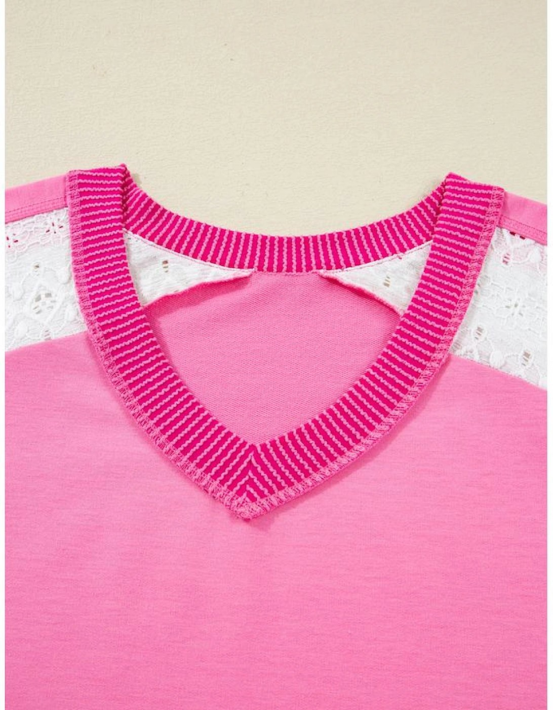 Bonbon Lace Striped Patchwork Long Sleeve Corded V Neck Plus Size Top