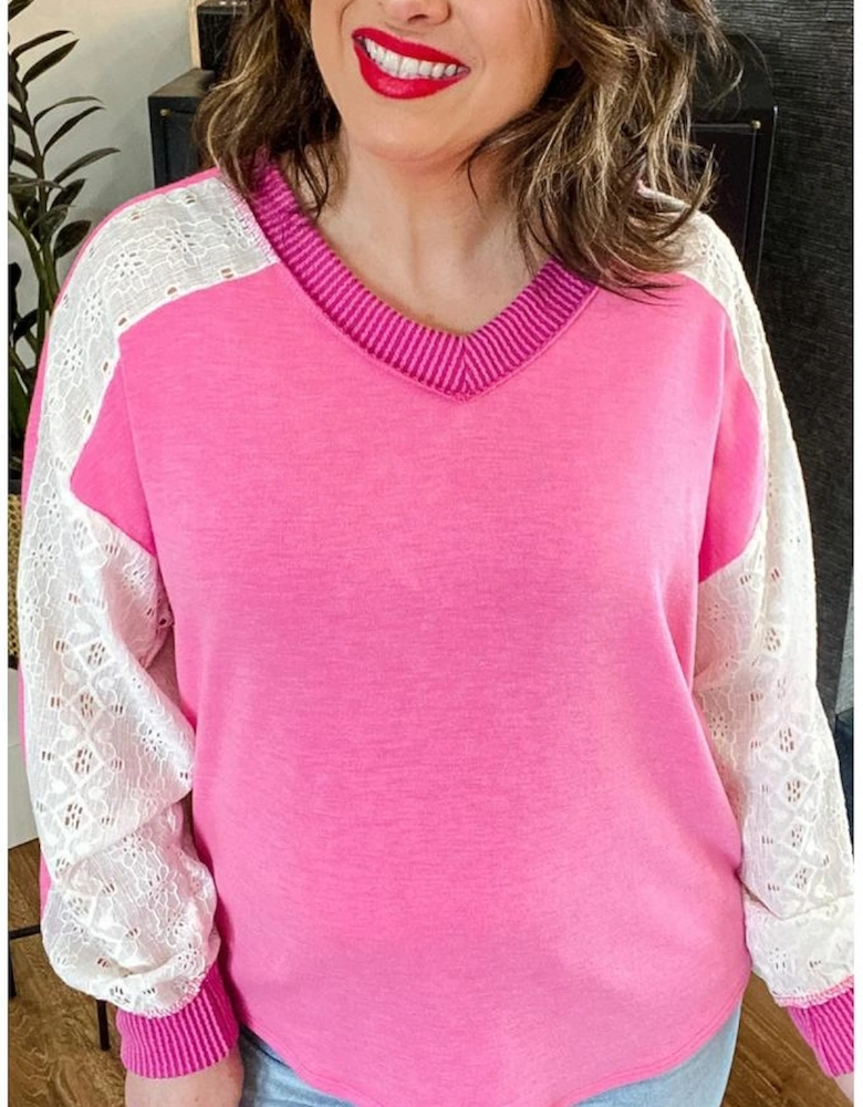 Bonbon Lace Striped Patchwork Long Sleeve Corded V Neck Plus Size Top