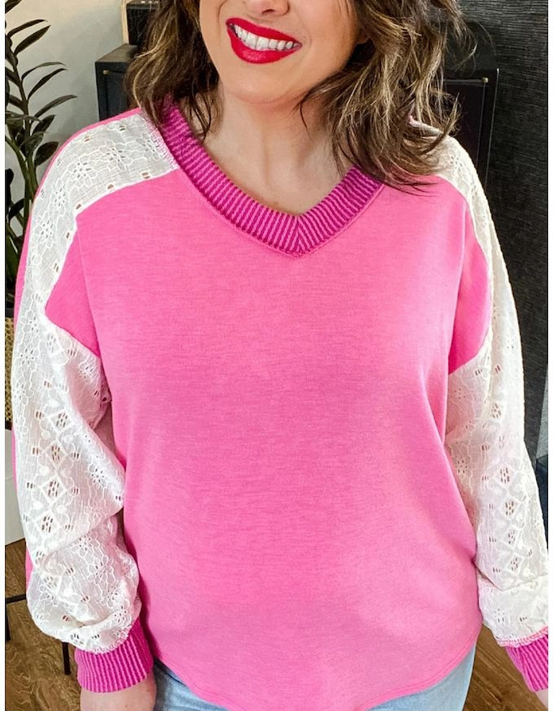 Bonbon Lace Striped Patchwork Long Sleeve Corded V Neck Plus Size Top