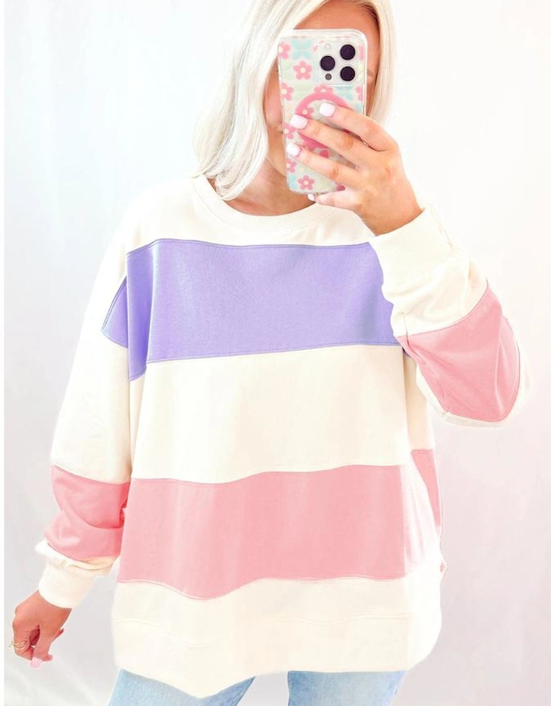 Beige Colorblock Patchwork Drop Shoulder Crewneck Sweatshirt, 16 of 15