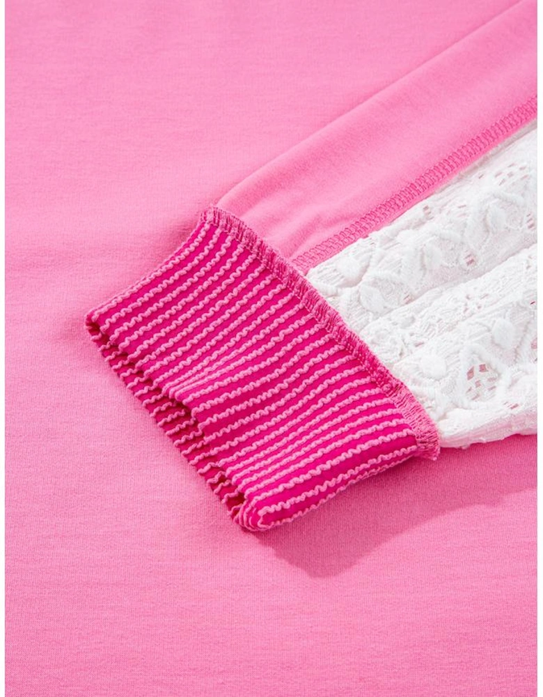 Bonbon Lace Striped Patchwork Long Sleeve Corded V Neck Plus Size Top