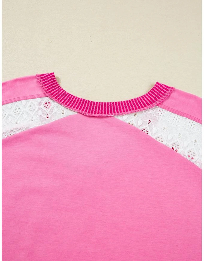 Bonbon Lace Striped Patchwork Long Sleeve Corded V Neck Plus Size Top