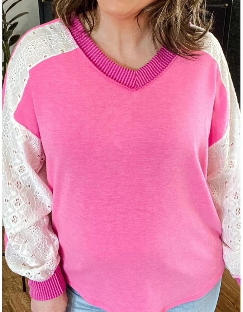 Bonbon Lace Striped Patchwork Long Sleeve Corded V Neck Plus Size Top