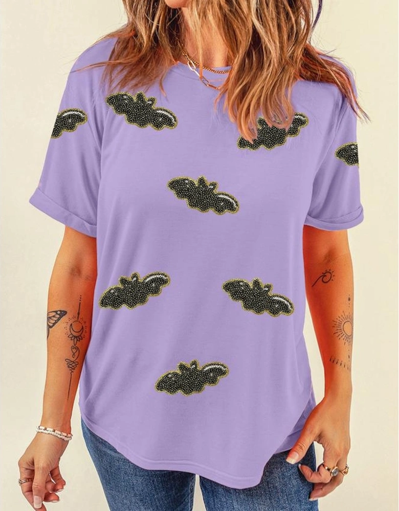 Wisteria Sequin Halloween Bat Patched Casual T Shirt