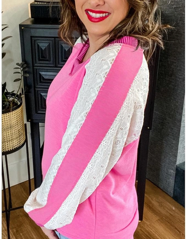 Bonbon Lace Striped Patchwork Long Sleeve Corded V Neck Plus Size Top