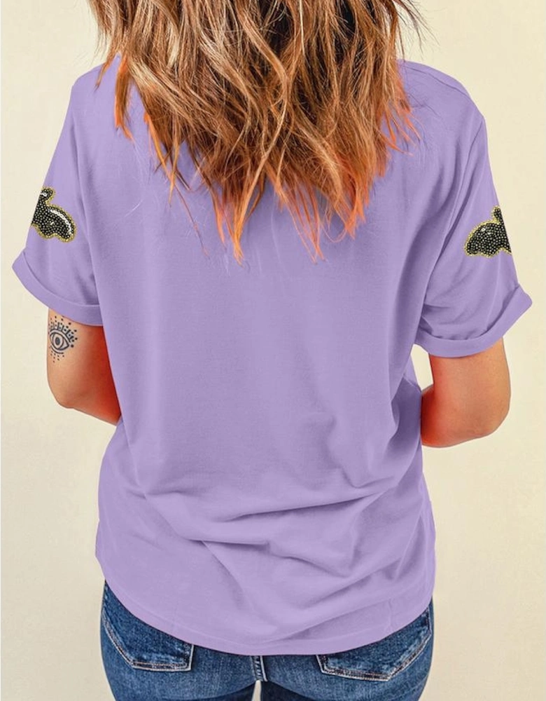 Wisteria Sequin Halloween Bat Patched Casual T Shirt