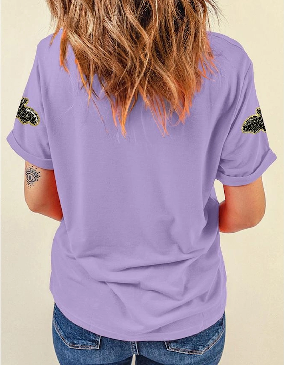 Wisteria Sequin Halloween Bat Patched Casual T Shirt