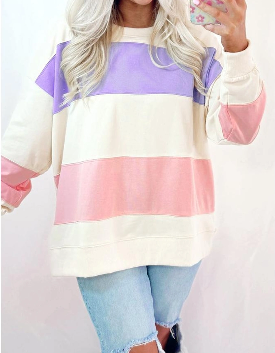 Beige Colorblock Patchwork Drop Shoulder Crewneck Sweatshirt