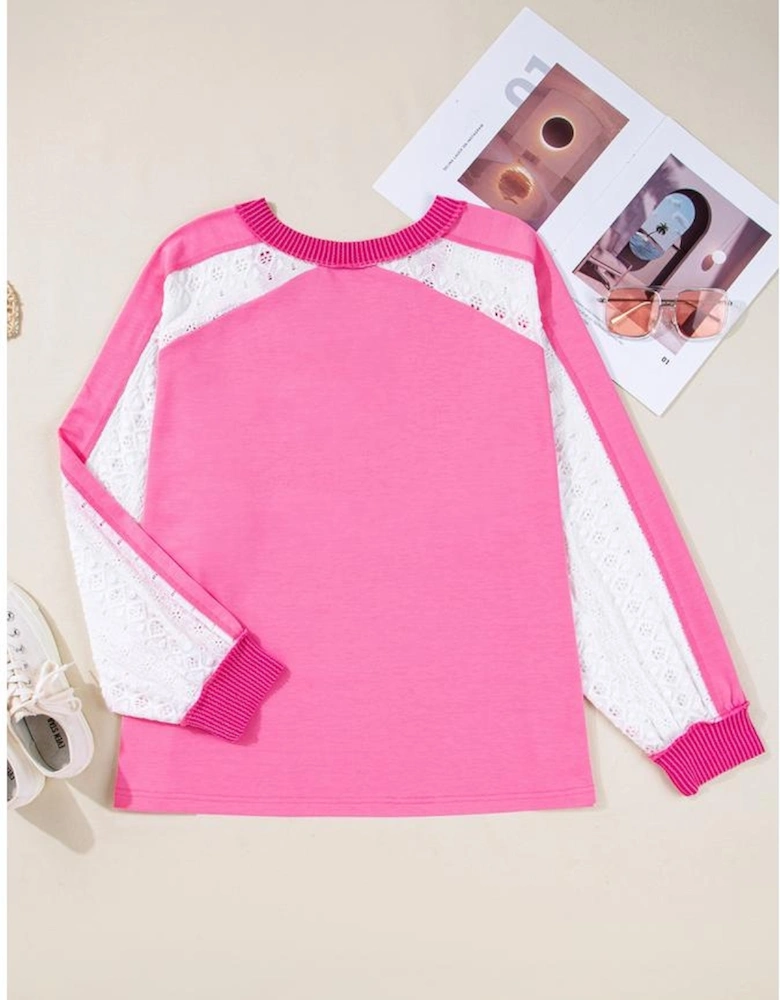 Bonbon Lace Striped Patchwork Long Sleeve Corded V Neck Plus Size Top