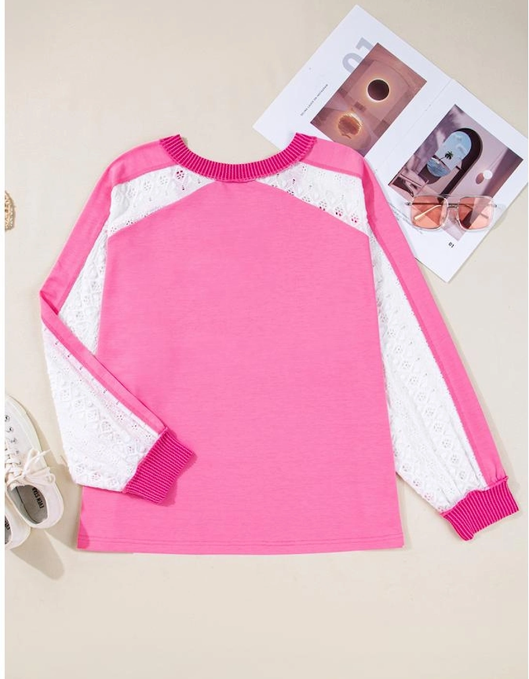 Bonbon Lace Striped Patchwork Long Sleeve Corded V Neck Plus Size Top