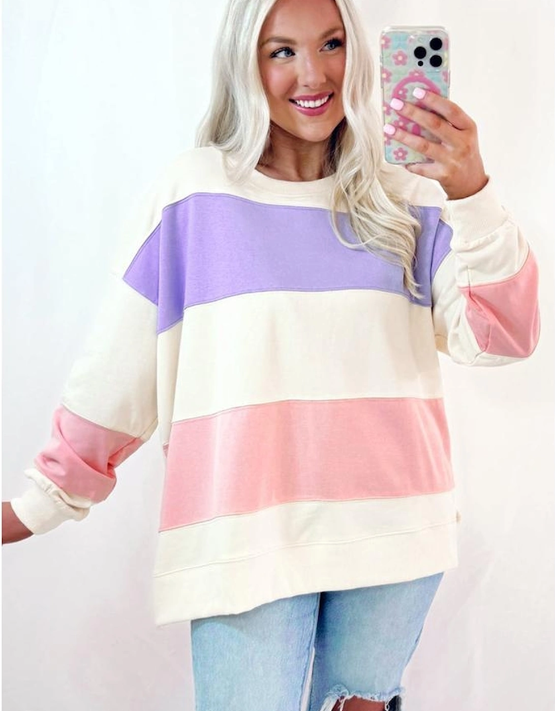 Beige Colorblock Patchwork Drop Shoulder Crewneck Sweatshirt