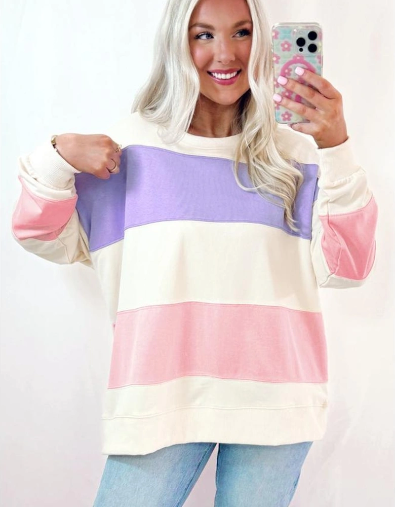 Beige Colorblock Patchwork Drop Shoulder Crewneck Sweatshirt
