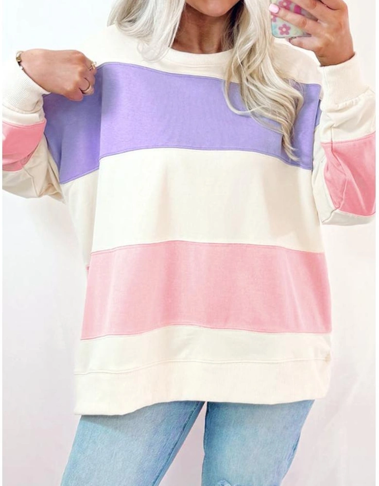 Beige Colorblock Patchwork Drop Shoulder Crewneck Sweatshirt