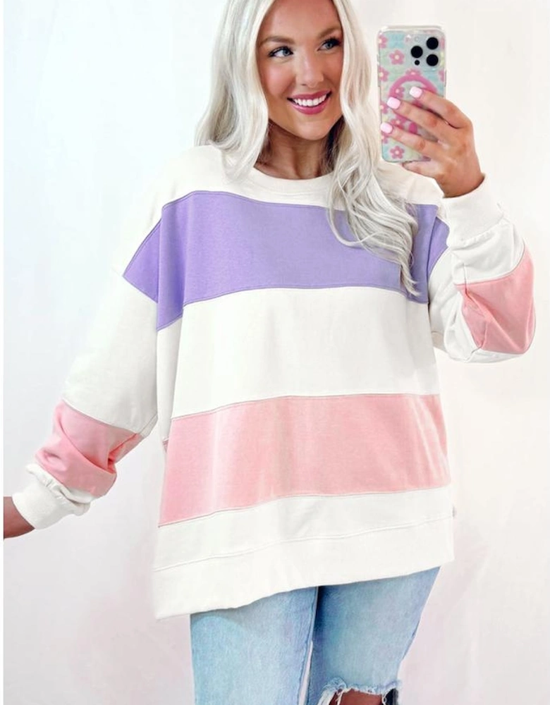 Beige Colorblock Patchwork Drop Shoulder Crewneck Sweatshirt