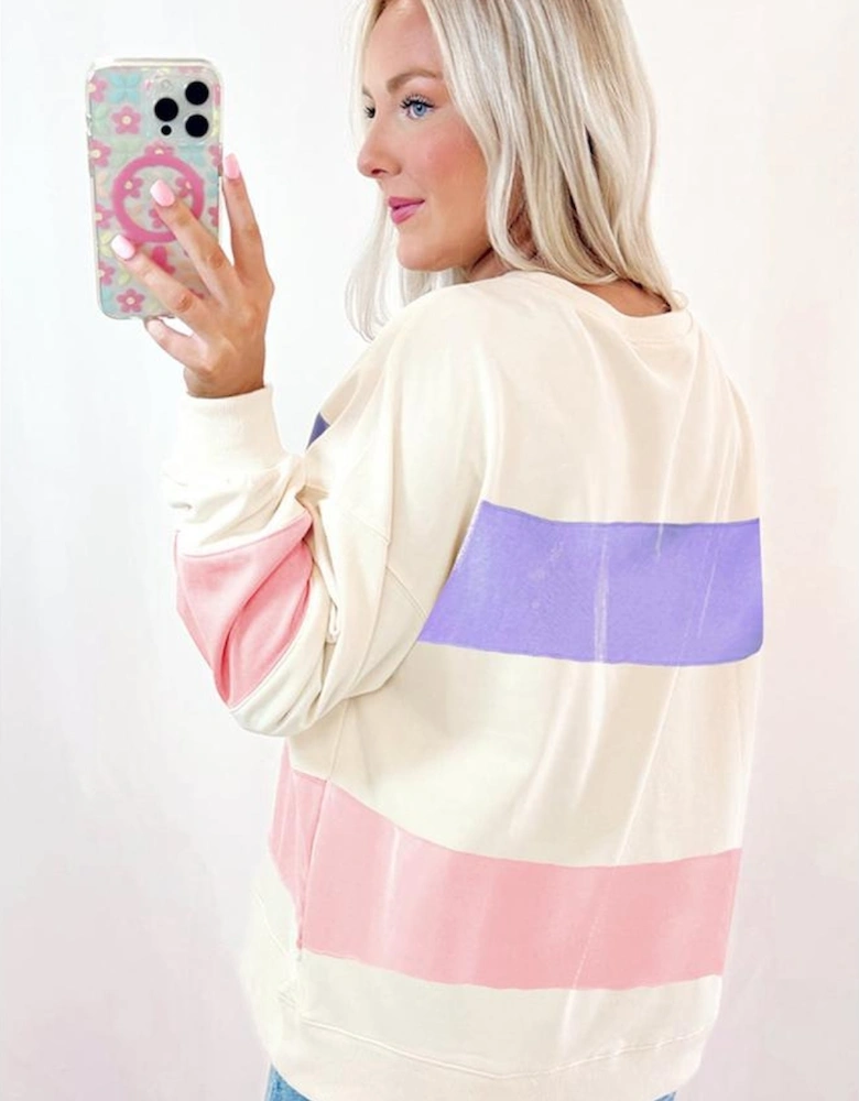 Beige Colorblock Patchwork Drop Shoulder Crewneck Sweatshirt