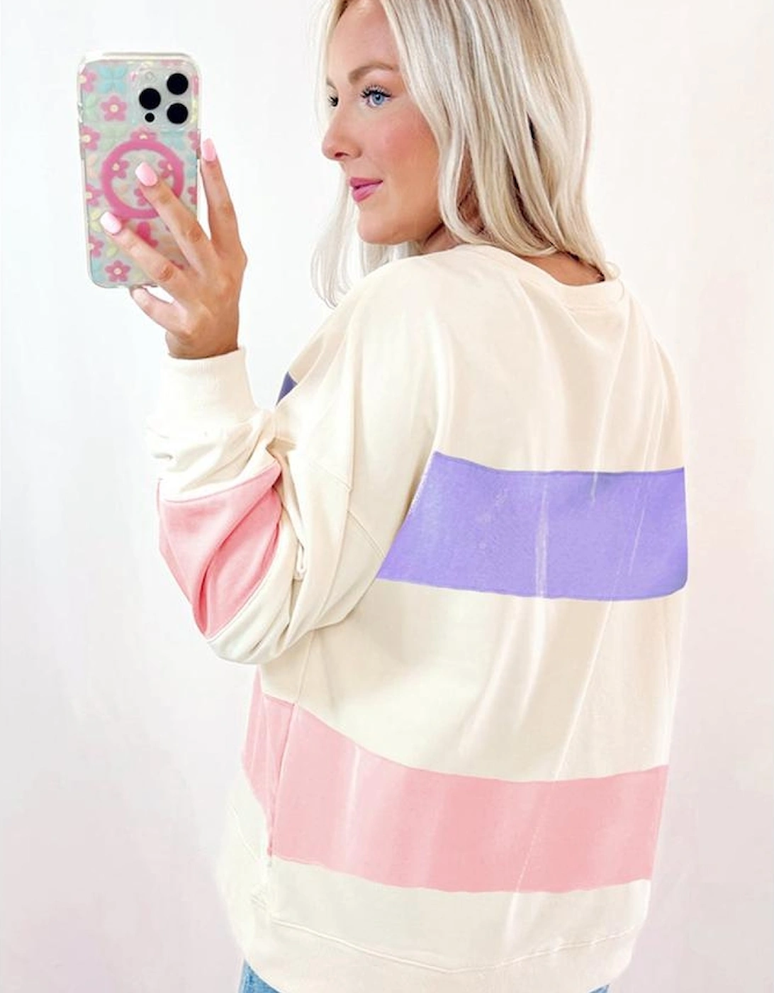 Beige Colorblock Patchwork Drop Shoulder Crewneck Sweatshirt