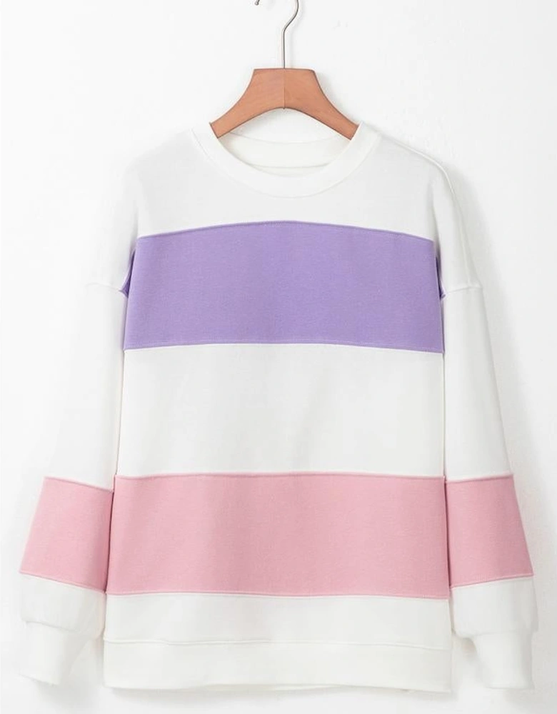 Beige Colorblock Patchwork Drop Shoulder Crewneck Sweatshirt