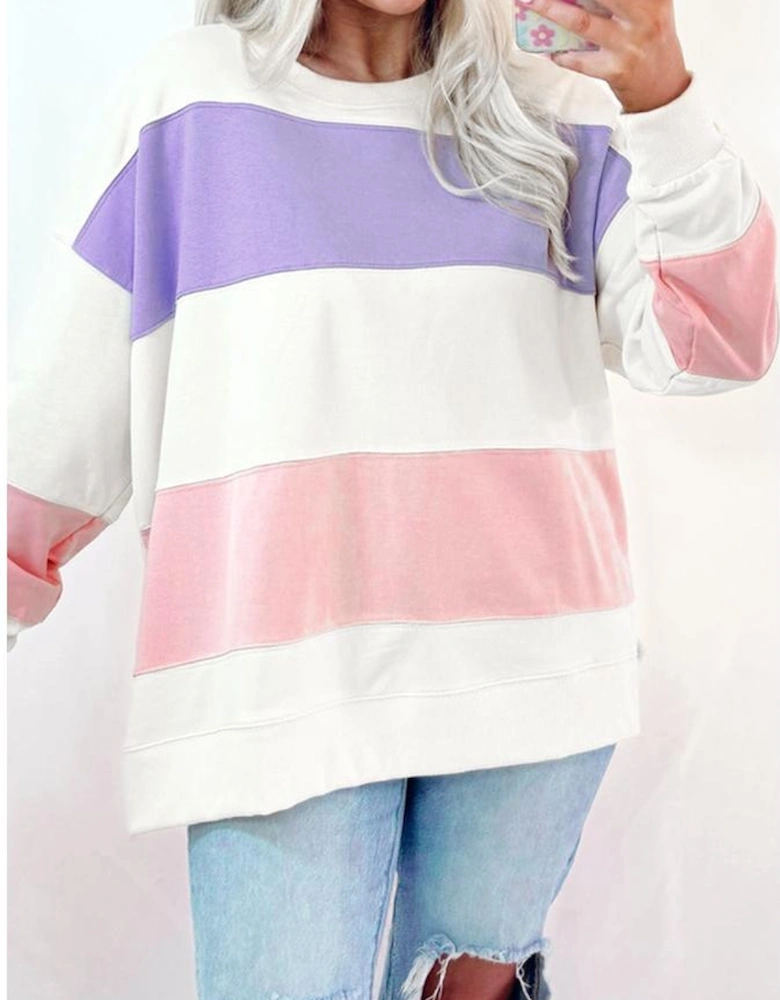 Beige Colorblock Patchwork Drop Shoulder Crewneck Sweatshirt