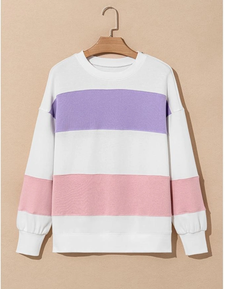 Beige Colorblock Patchwork Drop Shoulder Crewneck Sweatshirt