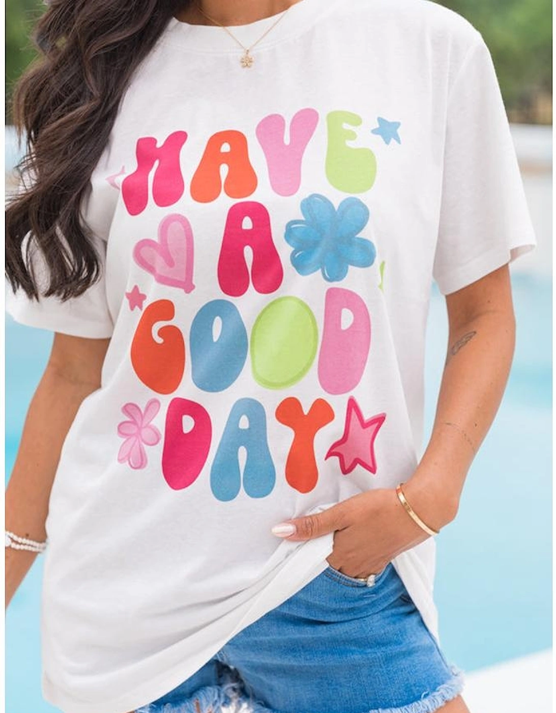 White HAVE A GOOD DAY Print Graphic Casual Tee