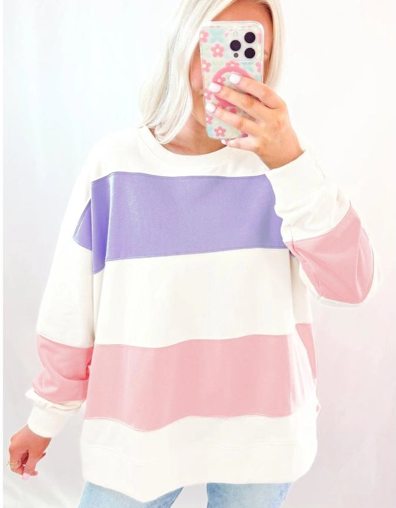 Beige Colorblock Patchwork Drop Shoulder Crewneck Sweatshirt