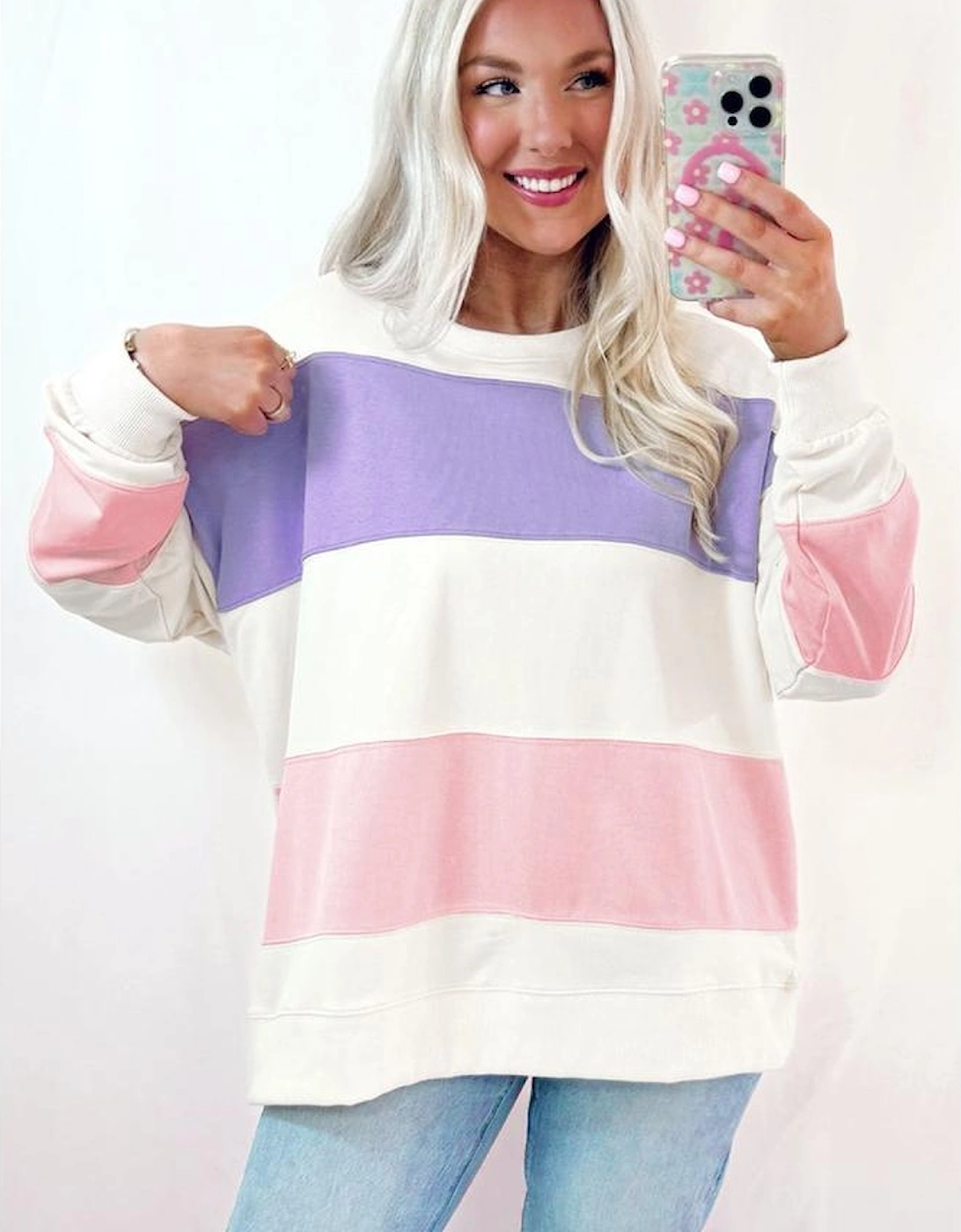 Beige Colorblock Patchwork Drop Shoulder Crewneck Sweatshirt