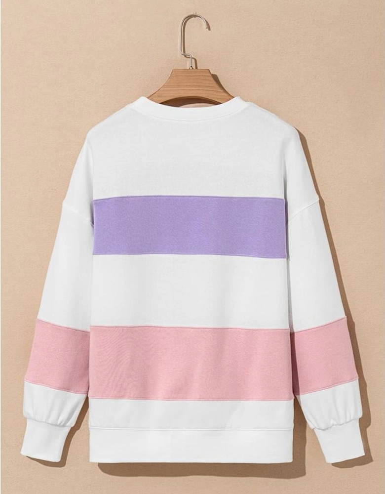 Beige Colorblock Patchwork Drop Shoulder Crewneck Sweatshirt