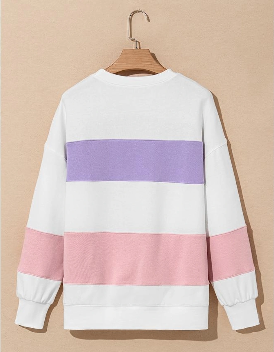 Beige Colorblock Patchwork Drop Shoulder Crewneck Sweatshirt