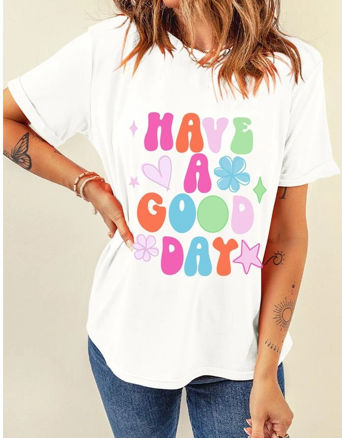 White HAVE A GOOD DAY Print Graphic Casual Tee