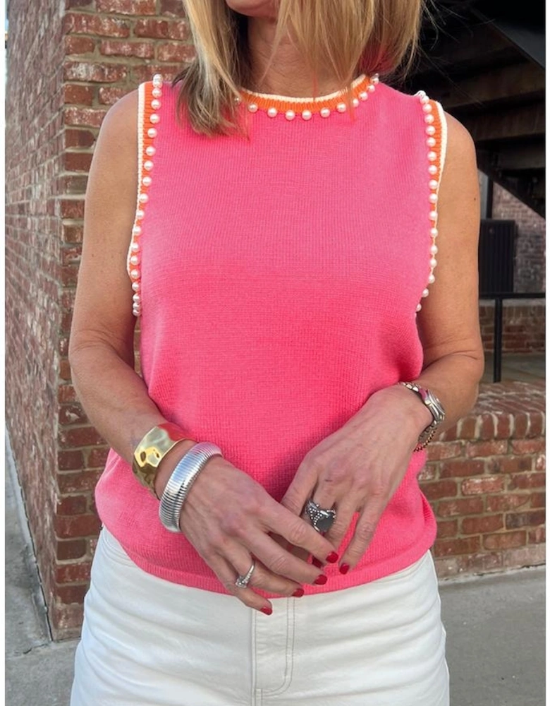 Bright Pink Contrast Trim Pearl Detail Sweater Tank Top