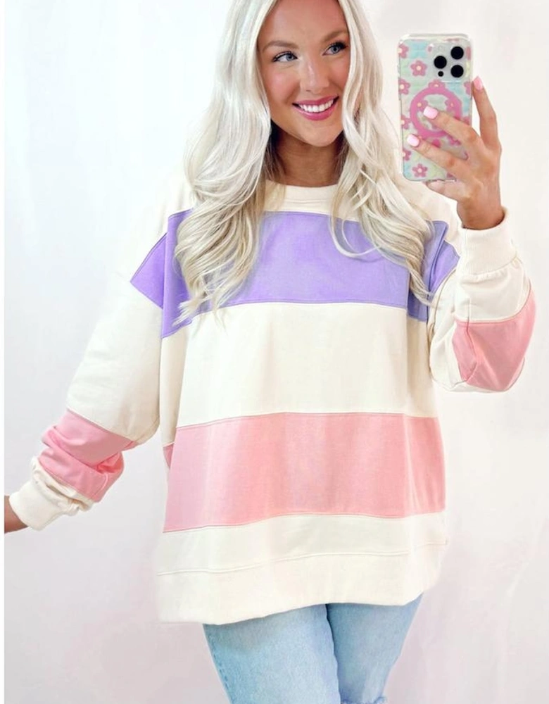 Beige Colorblock Patchwork Drop Shoulder Crewneck Sweatshirt
