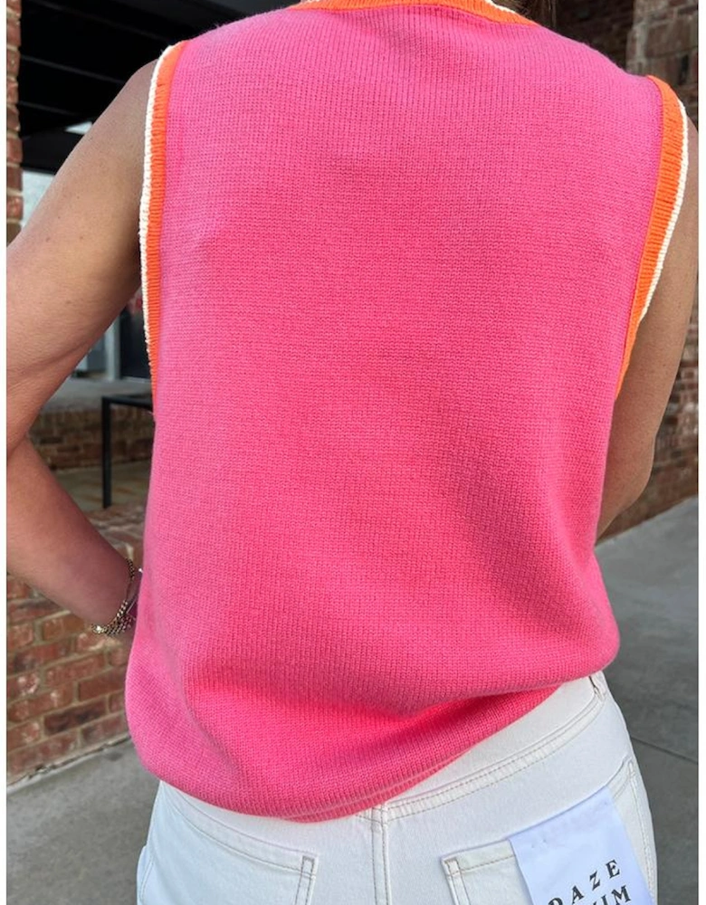 Bright Pink Contrast Trim Pearl Detail Sweater Tank Top
