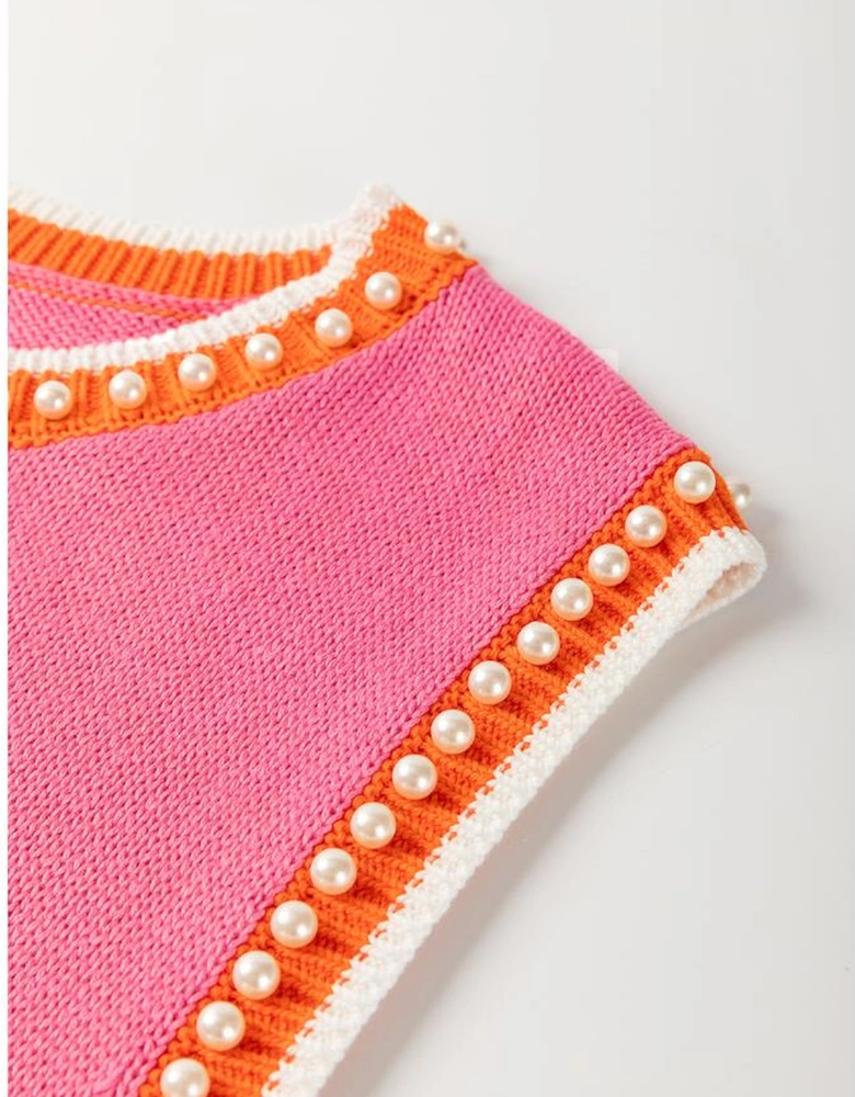 Bright Pink Contrast Trim Pearl Detail Sweater Tank Top