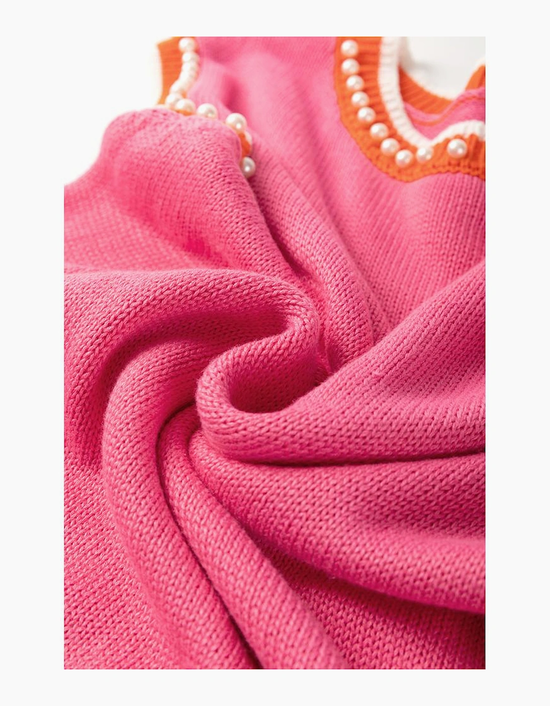Bright Pink Contrast Trim Pearl Detail Sweater Tank Top