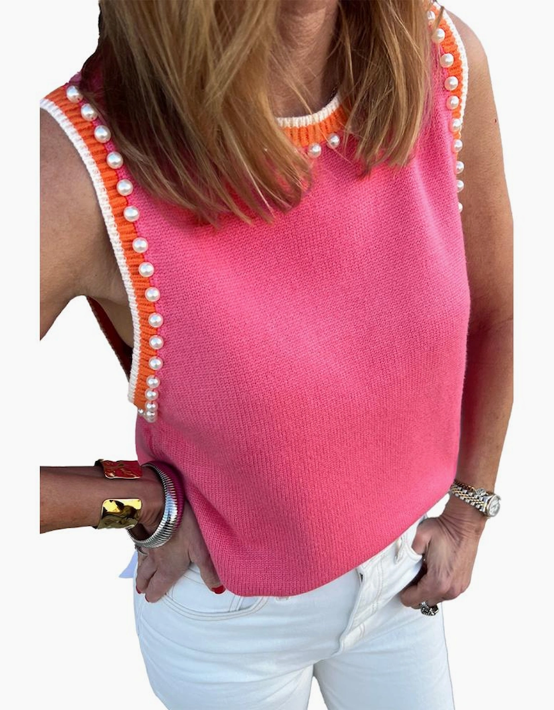 Bright Pink Contrast Trim Pearl Detail Sweater Tank Top
