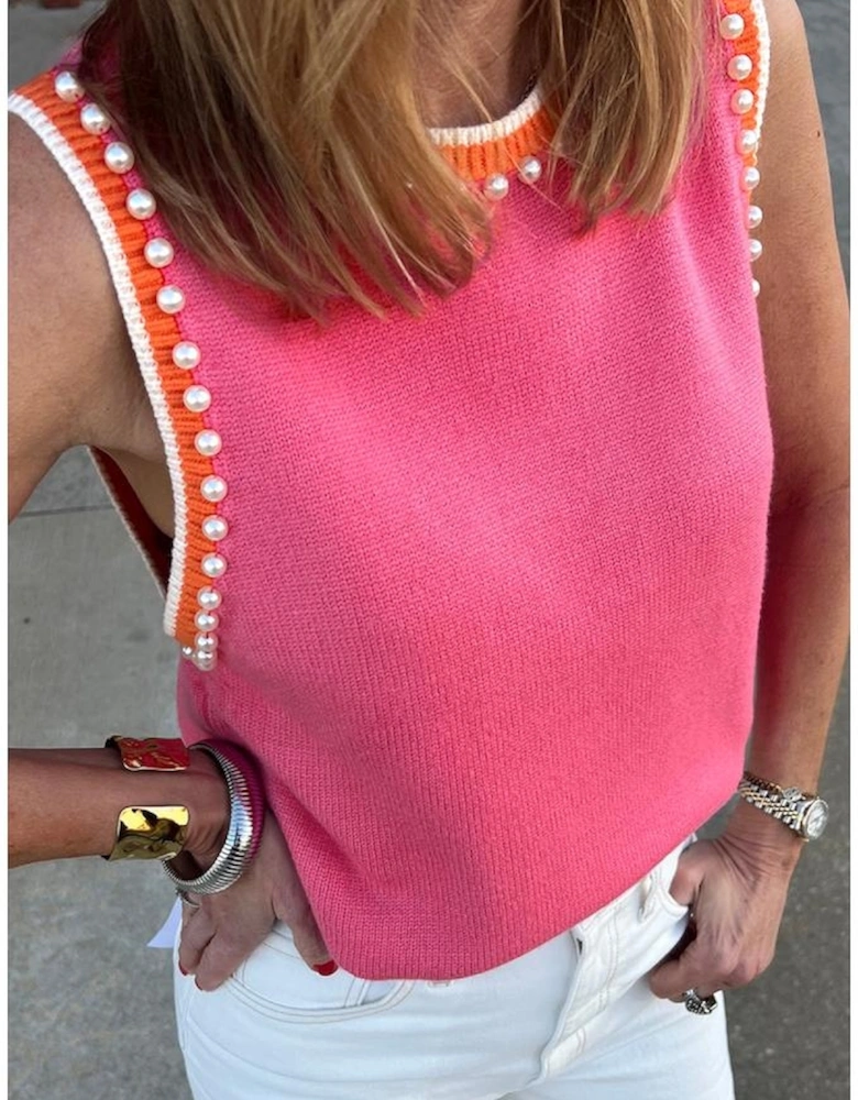 Bright Pink Contrast Trim Pearl Detail Sweater Tank Top