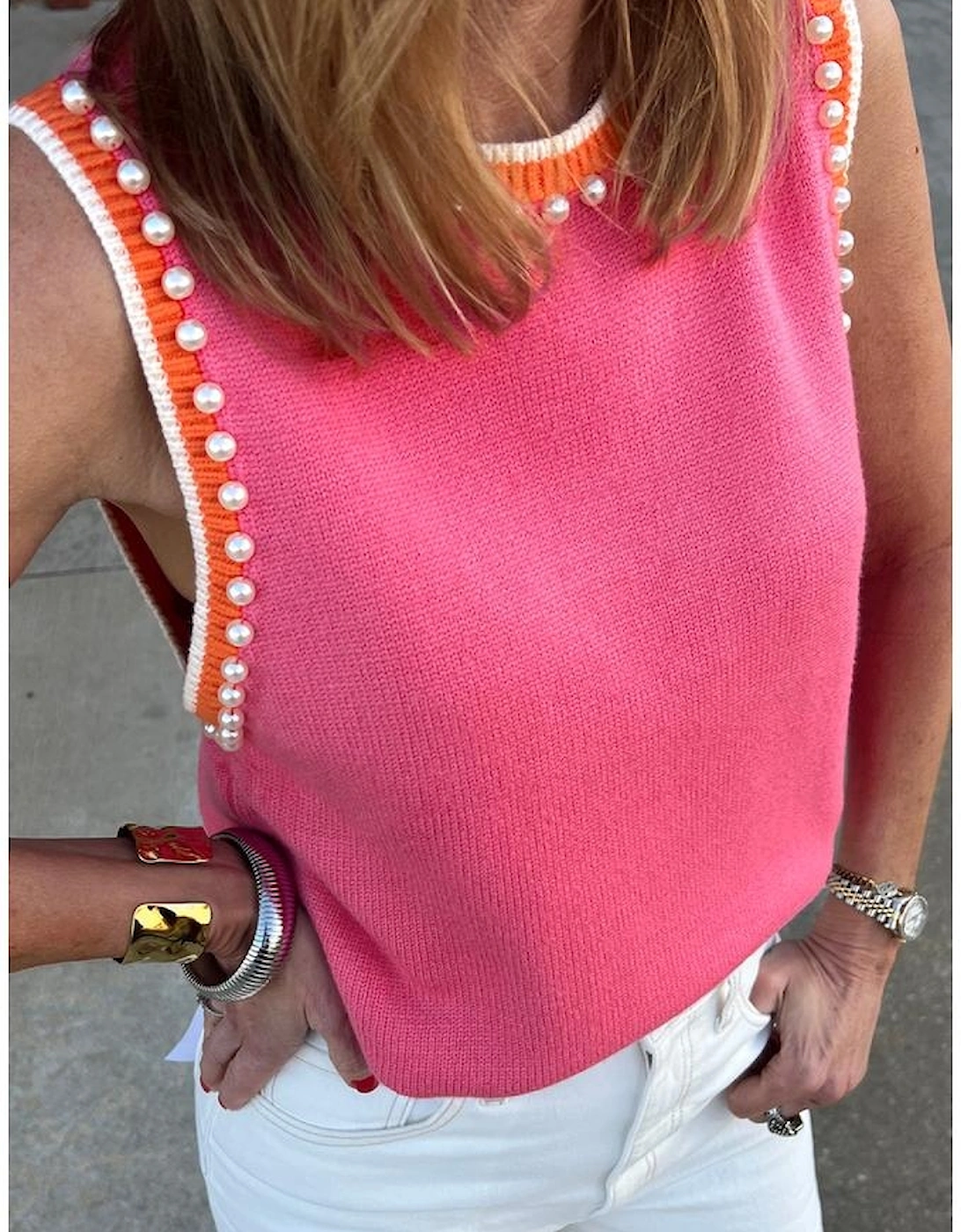Bright Pink Contrast Trim Pearl Detail Sweater Tank Top