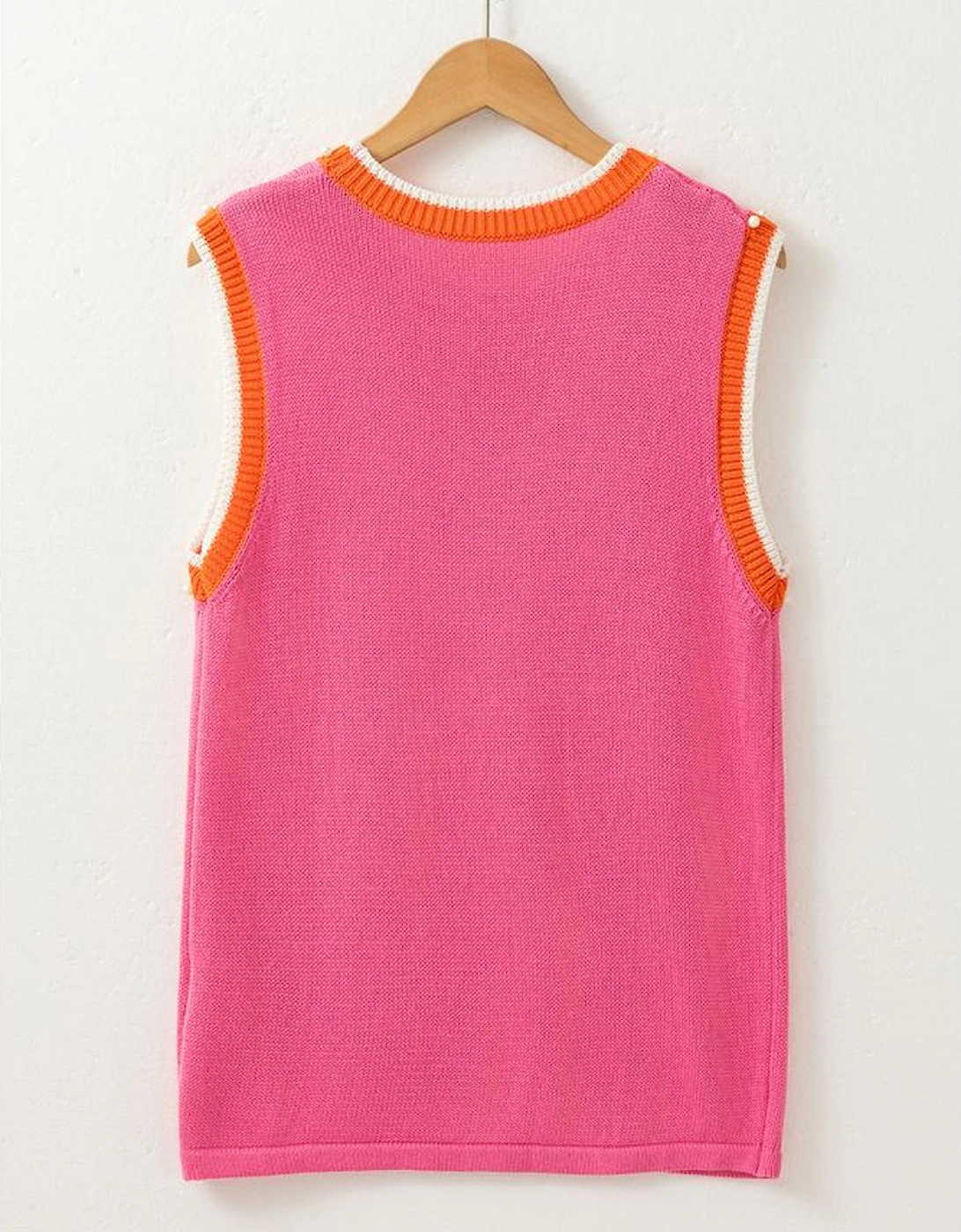 Bright Pink Contrast Trim Pearl Detail Sweater Tank Top