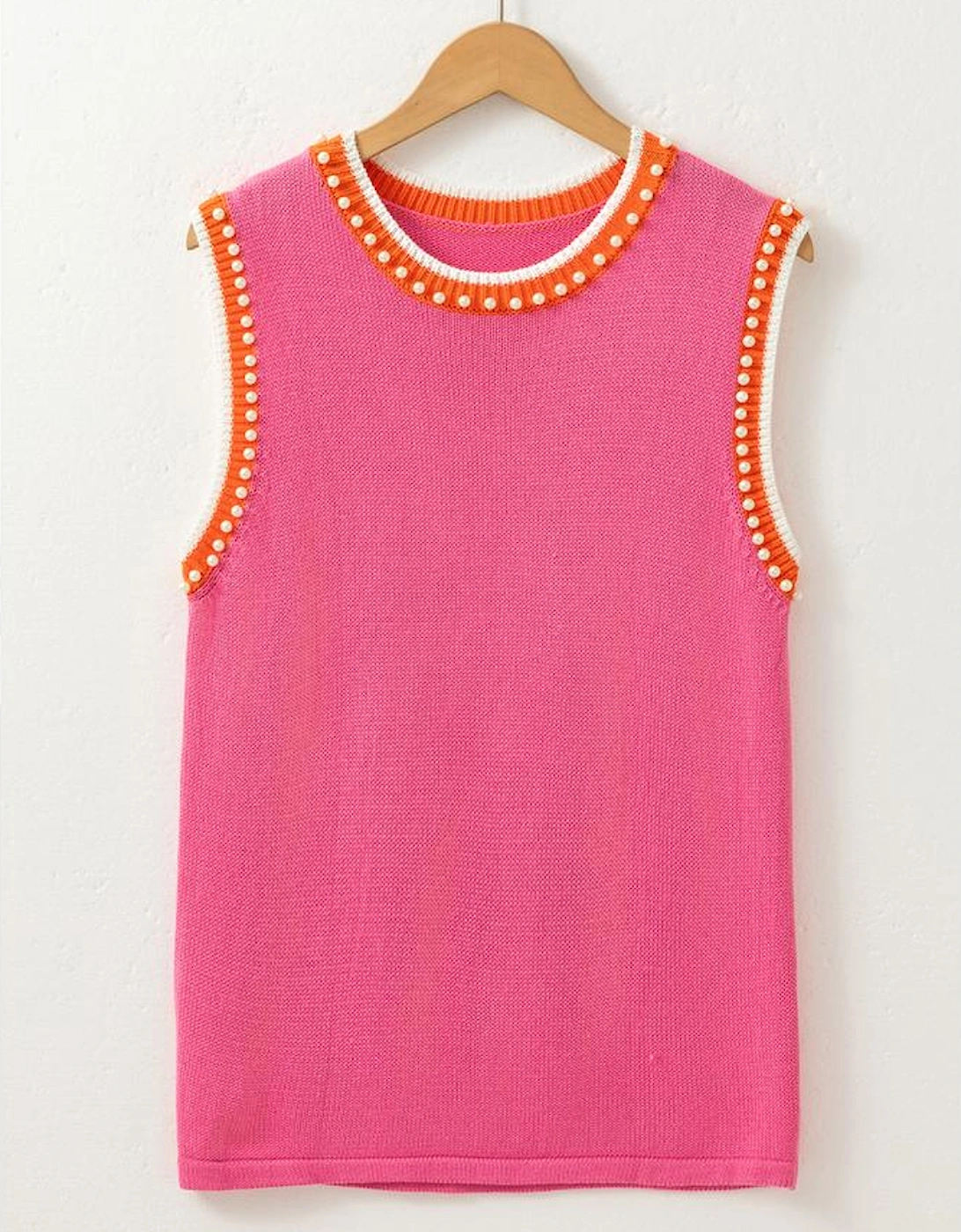 Bright Pink Contrast Trim Pearl Detail Sweater Tank Top