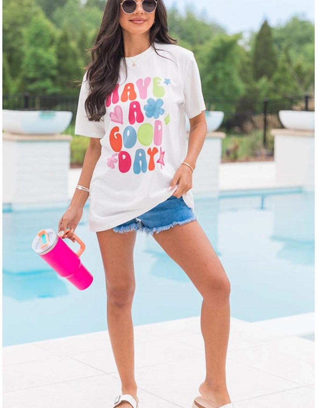 White HAVE A GOOD DAY Print Graphic Casual Tee