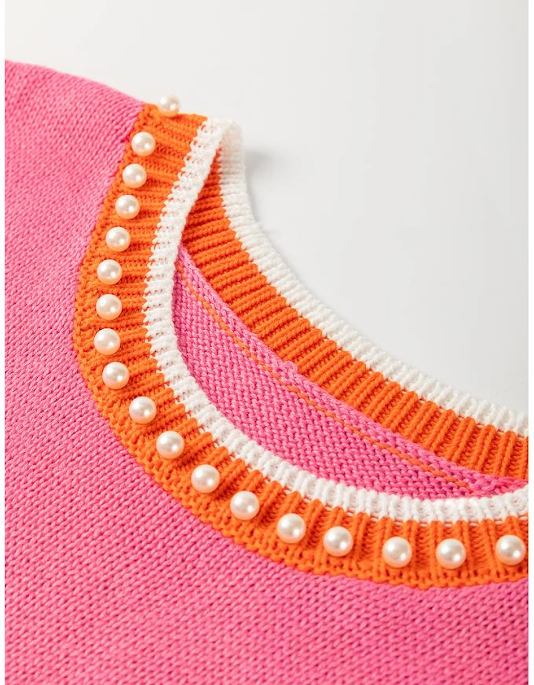 Bright Pink Contrast Trim Pearl Detail Sweater Tank Top