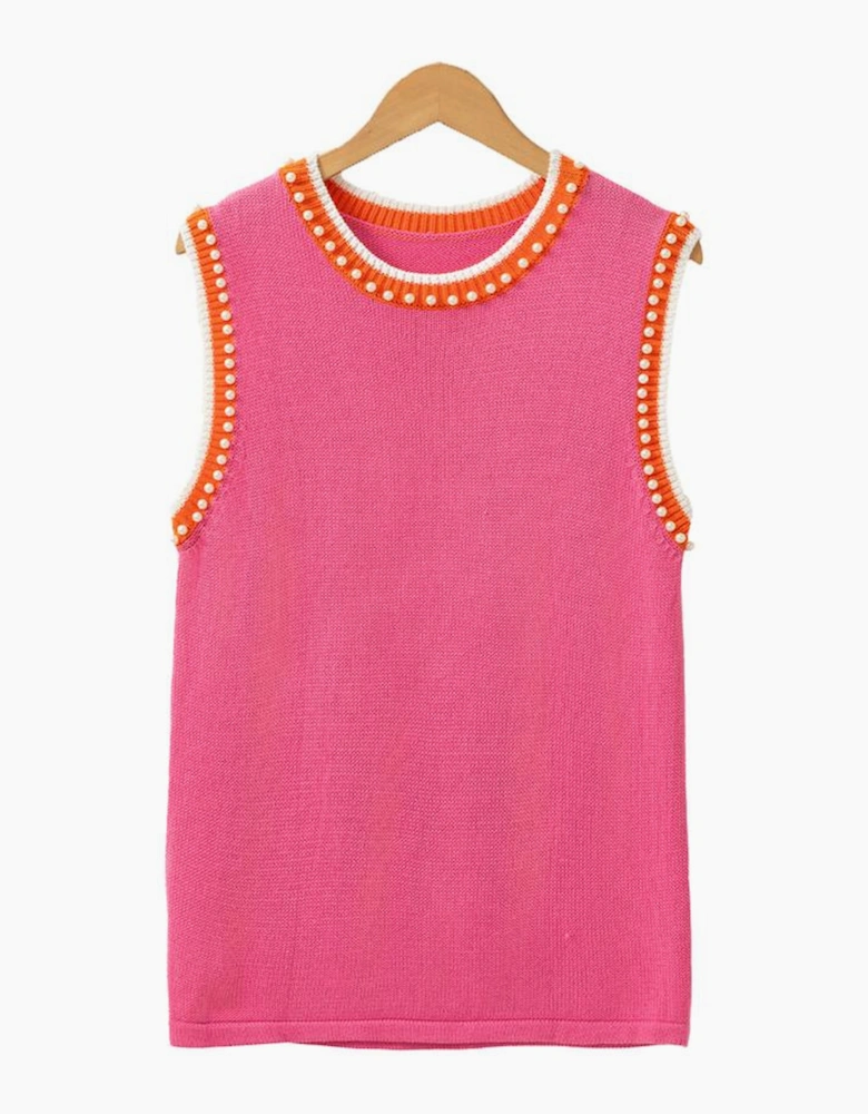 Bright Pink Contrast Trim Pearl Detail Sweater Tank Top